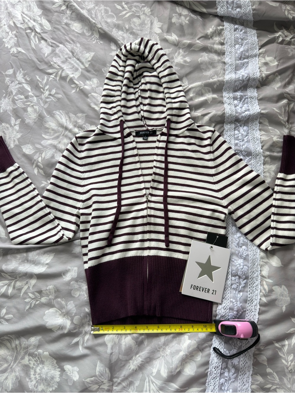 Forever 21 Cream and Burgundy Striped Hoodie Cardigan
